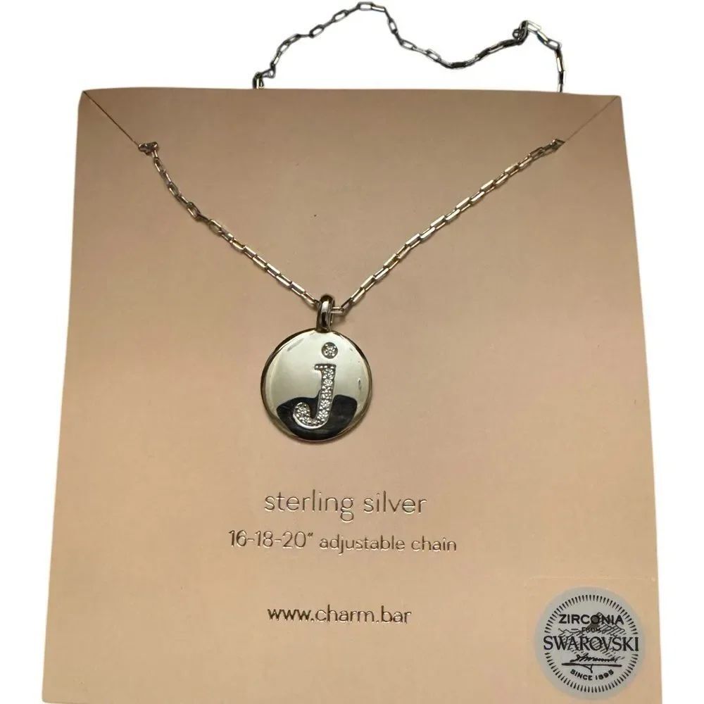 Charm Bar Sterling Silver Initial J Necklace with Swarovski Crystals